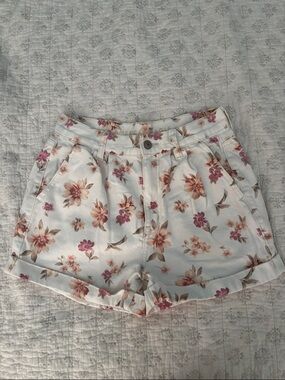 American Eagle Outfitters White Floral Denim Shorts with Pink & Tan Flowers
